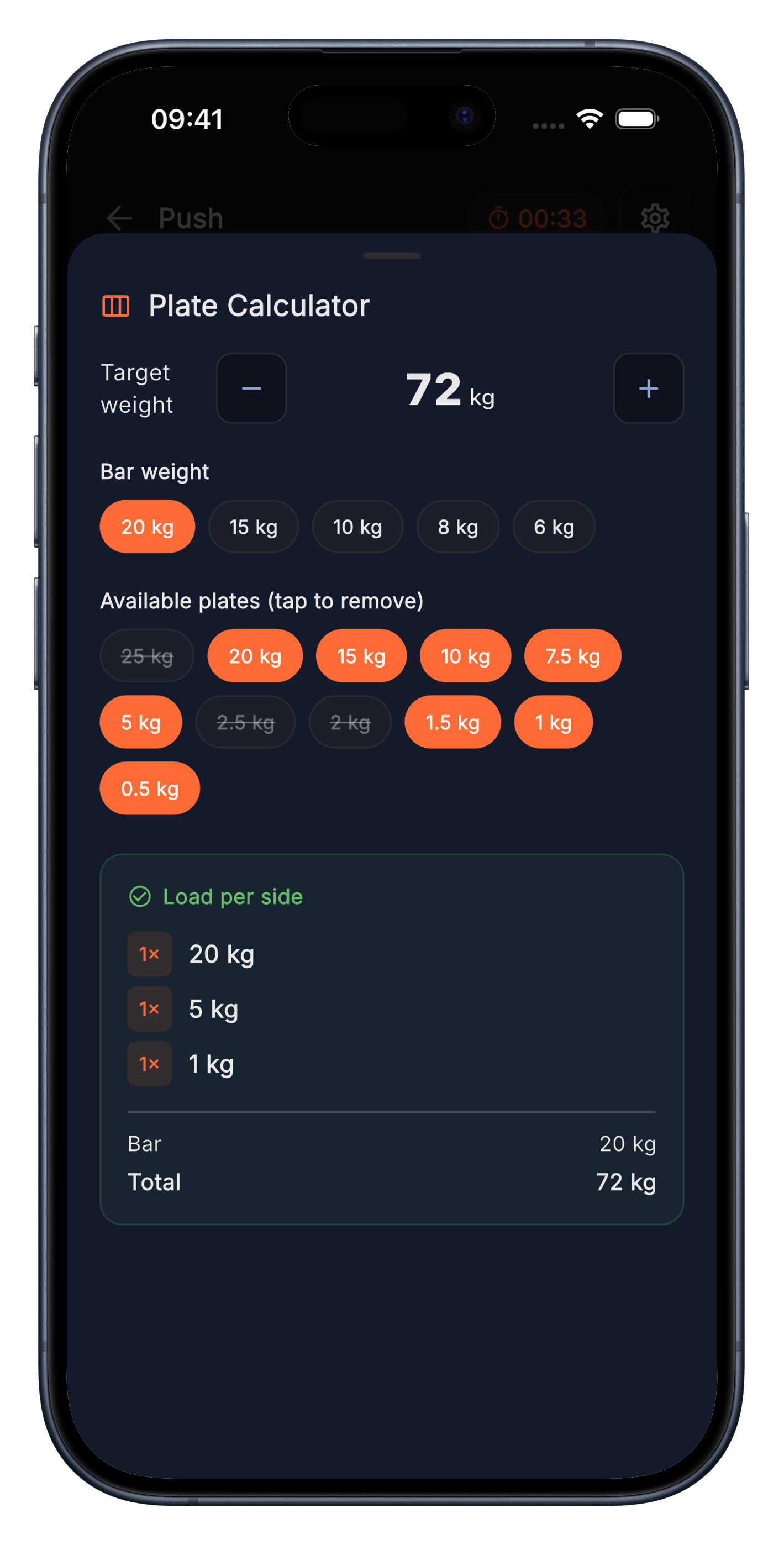 Plate calculator with target weight 72kg and a load breakdown of 20kg + 5kg + 1kg per side.